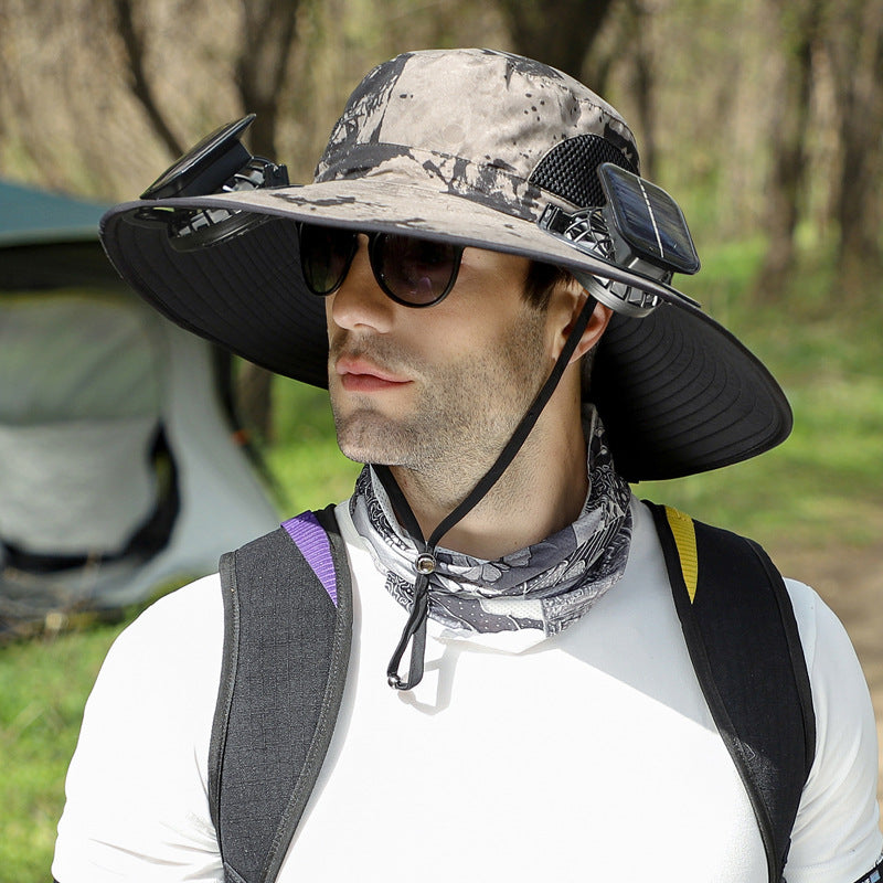 Solar Powered Cooling Fan Fishing Hat with Wide Brim