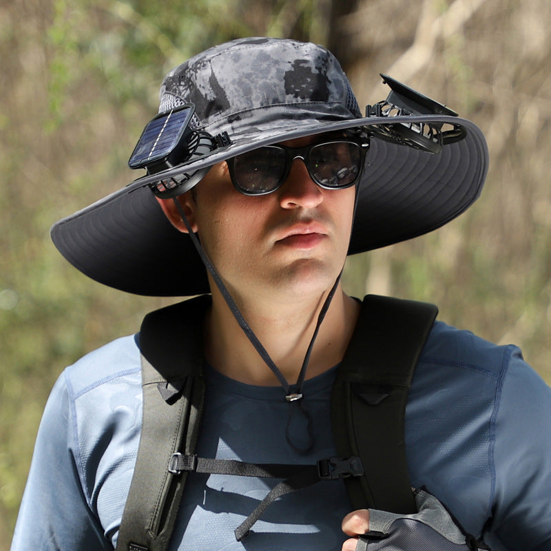 Solar Powered Cooling Fan Fishing Hat with Wide Brim