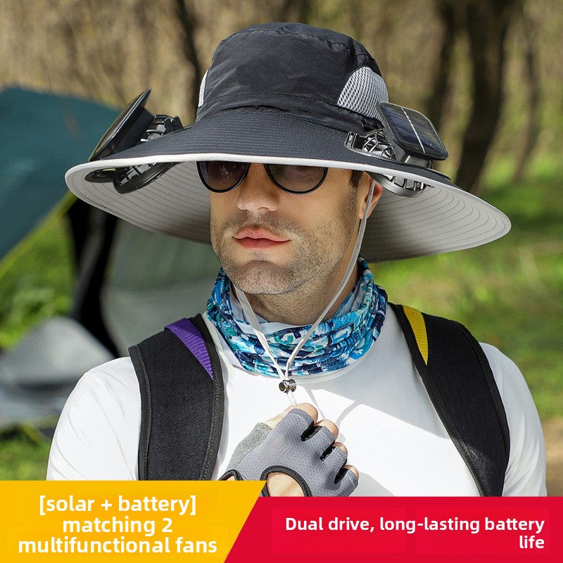 Solar Powered Cooling Fan Fishing Hat with Wide Brim