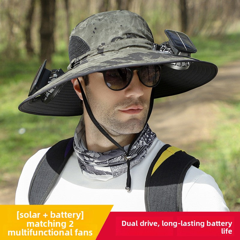 Solar Powered Cooling Fan Fishing Hat with Wide Brim